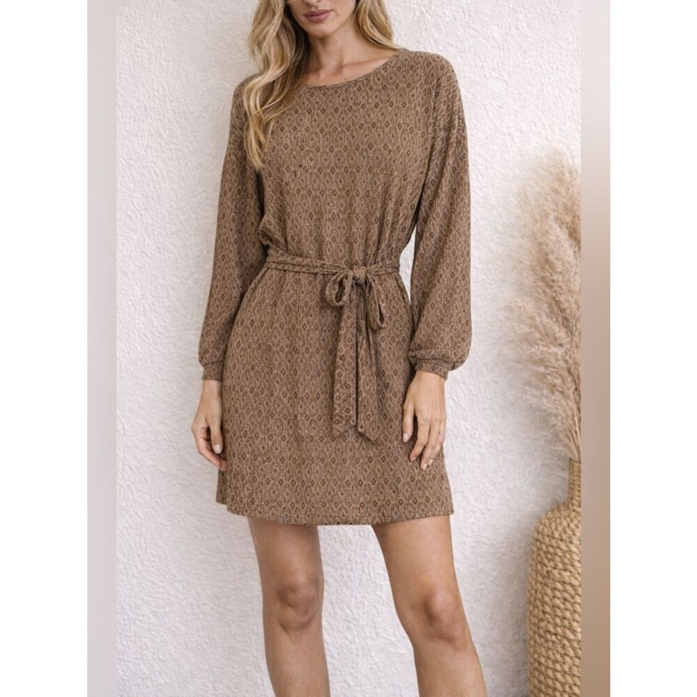 Zara Womens Brown Textured Knit Mini Dress Long Sleeve Belted Size Small